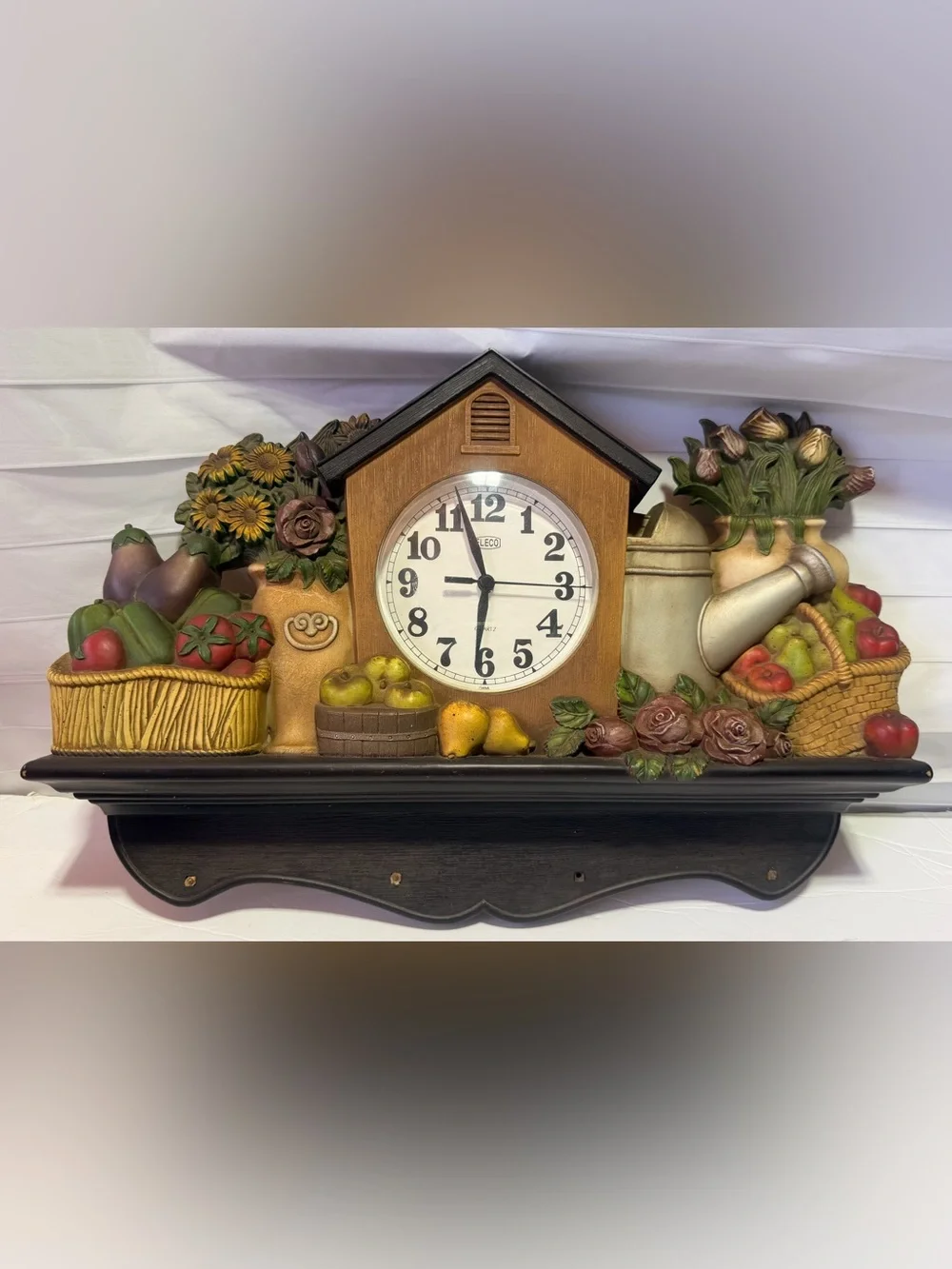 Vintage Eleco Quartz Fruit Flowers Watering Can Plastic Wall Clock